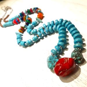 Mixed Turquoise stone, Coral, Heishi Necklace